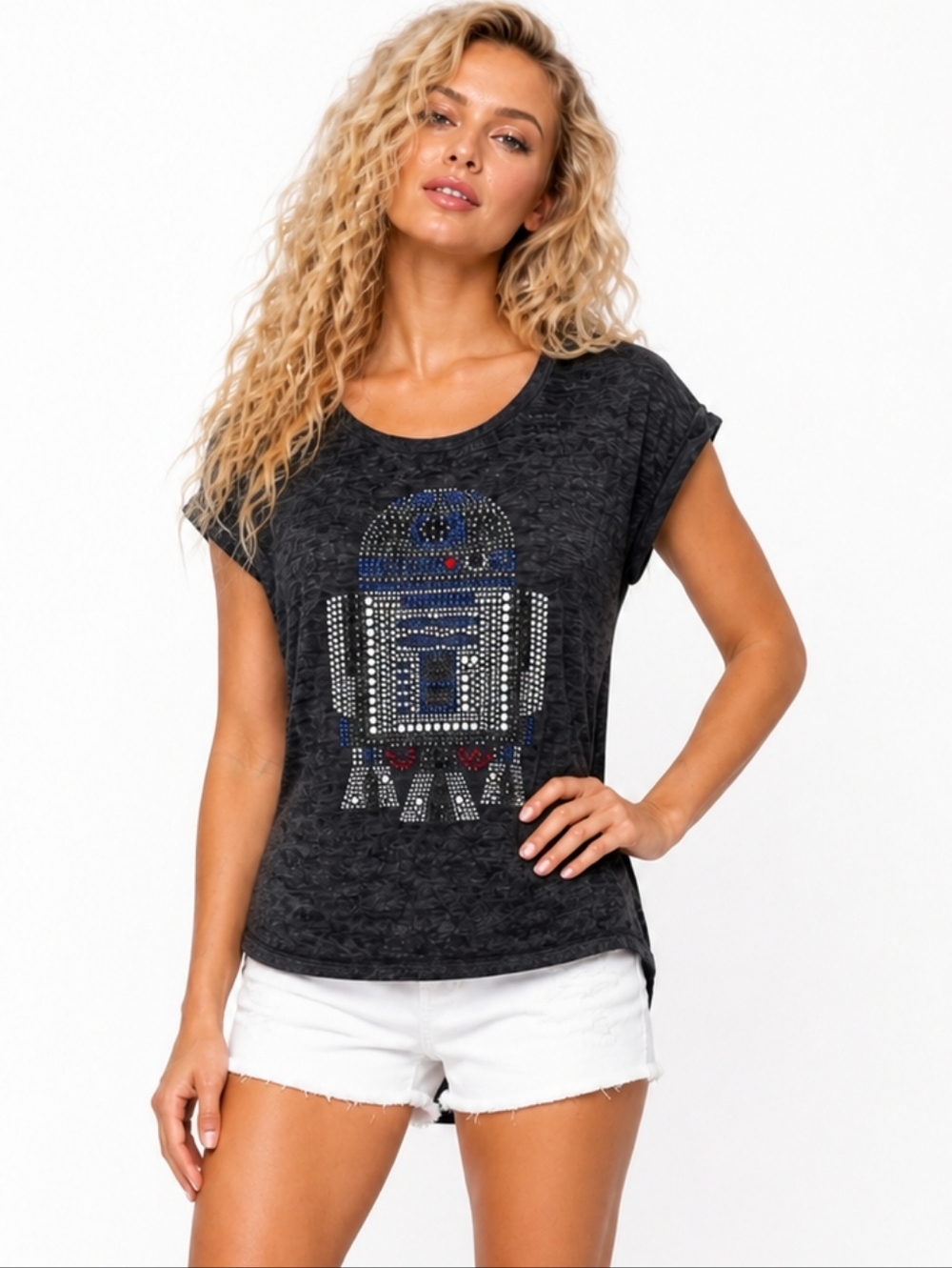 Rock & Republic Star Wars R2-D2 Rhinestone Graphic Tee Black Small